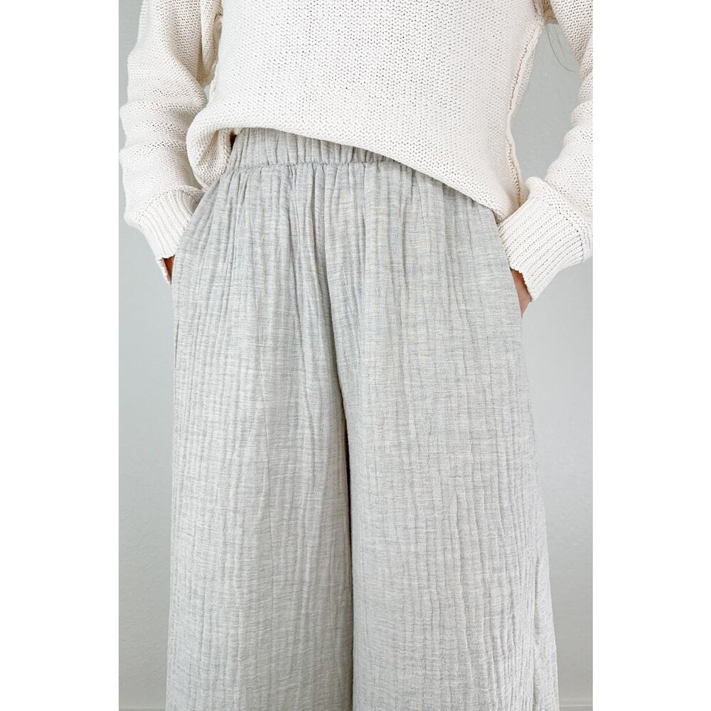 a. ren Crinkle Cotton Pull-On Wide Leg Pants Size S Elastic Waist in Light Gray - Picture 2 of 8